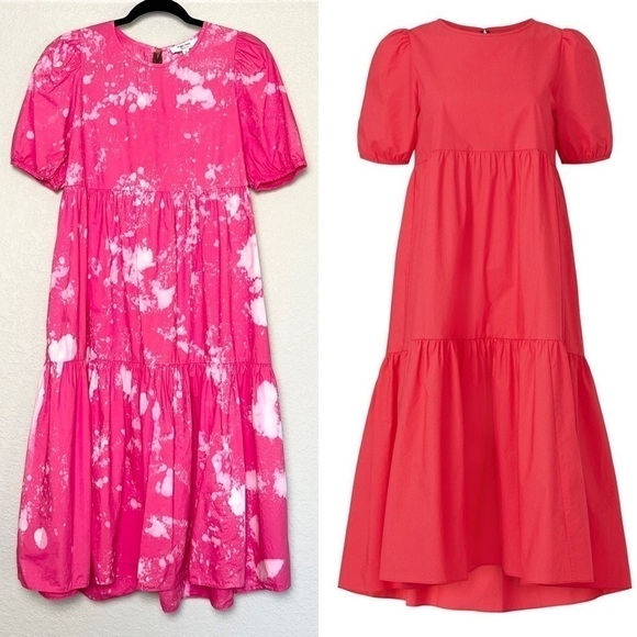 PETER SOM Midi Dress Bleach Splatter Puff Short Sleeve Ruffle Tiered Tie‎ Back 6 - Picture 8 of 9